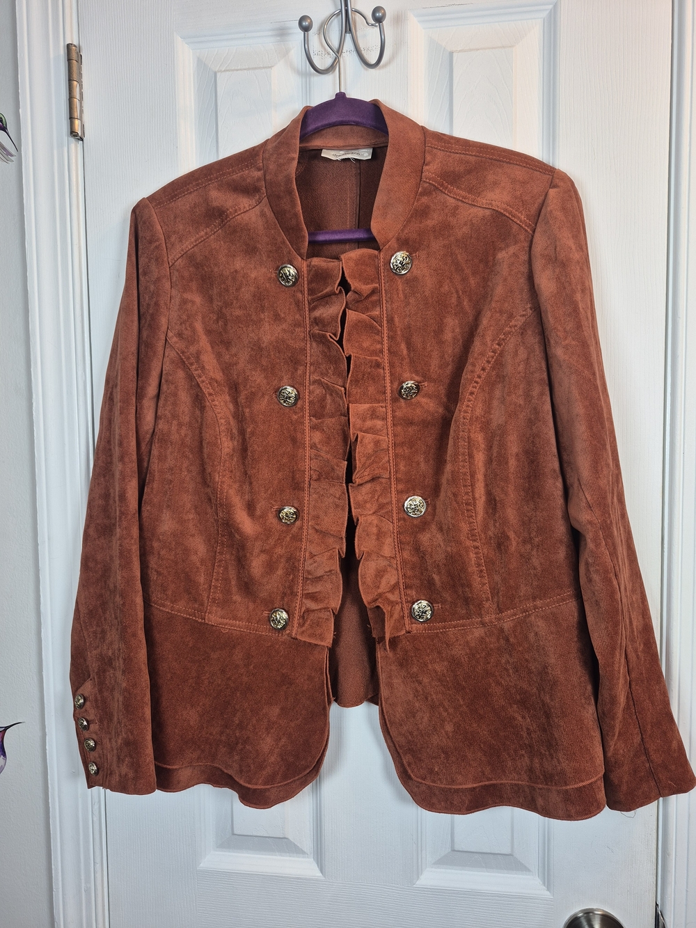 Dressbarn Rust Faux Suede Ruffle Military Jacket 1X Gold Button Boho Fall Peplum